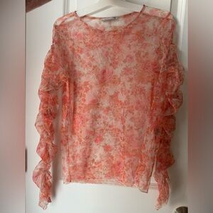 Zara Floral Mesh Shirt with Ruched Sleeves